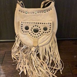 Cream leather western crossbody with fringe